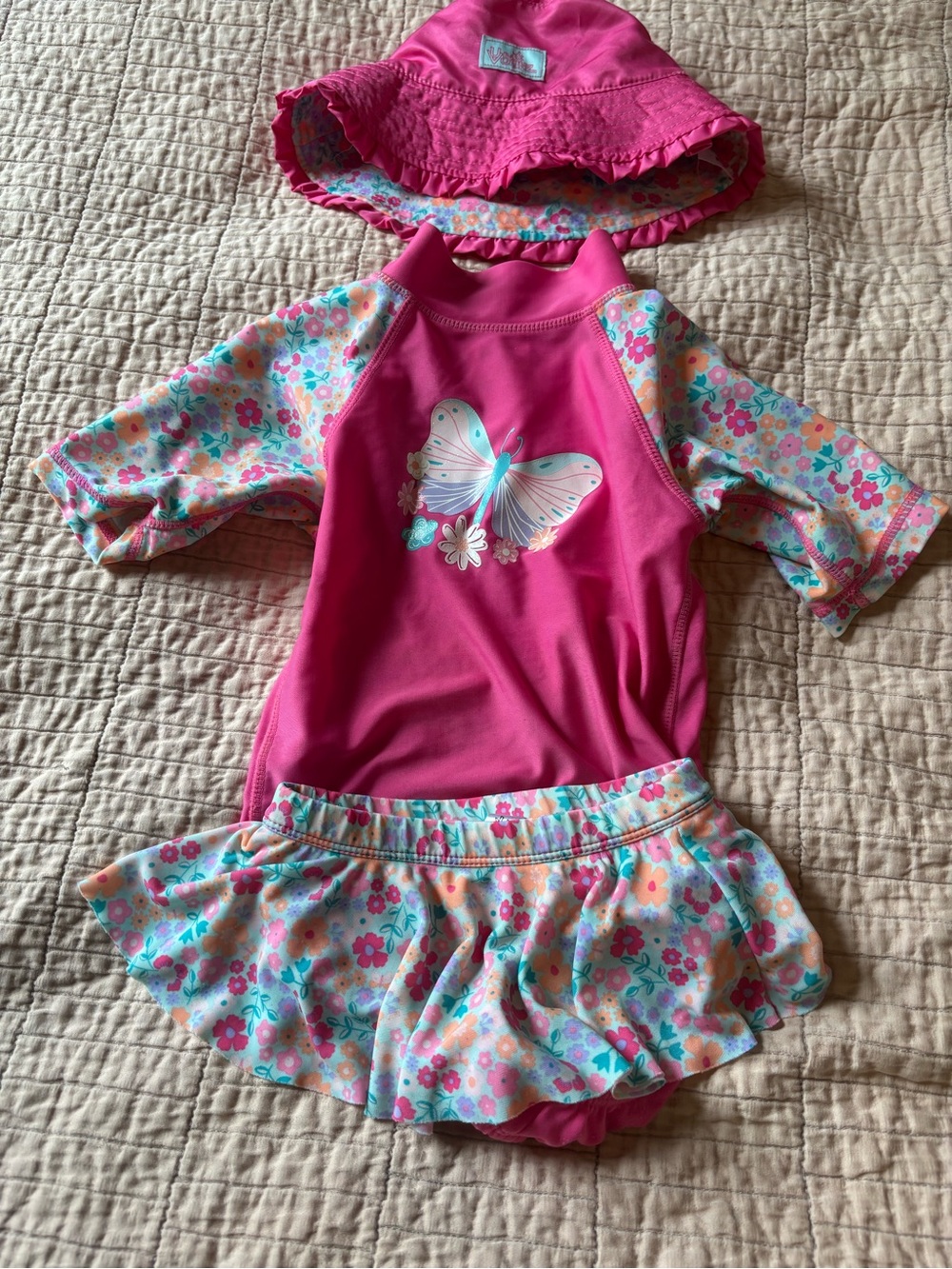 UV Skins Pink Floral Butterfly Two-Piece Rashguard Swim Set with Hat